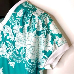 VINTAGE 90s Exotic Floral Green White Ringer Shortsleeved Tunic Top Large 12/14